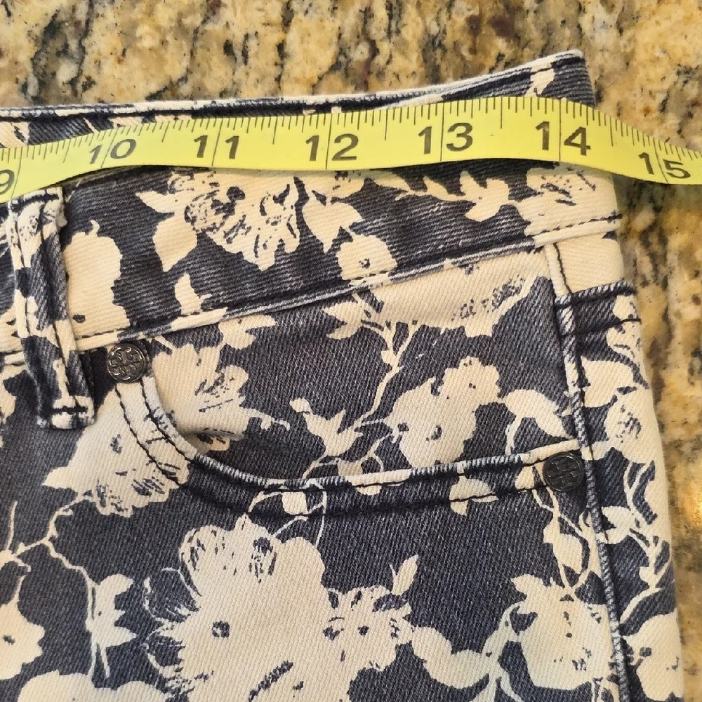 Tory Burch Alexa Floral Cropped Skinny Jeans Blue White Denim Women Sz 26 Preppy